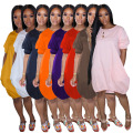 Summer Casual above knee solid color o-neck women Short Sleeve plus size Loose Women bubble skirt dresses